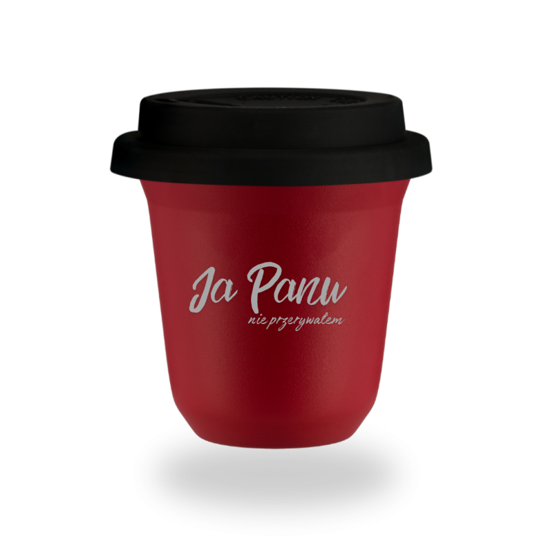 Kubek 150 ml CZERWONY "Ja Panu nie przerywałem", z pokrywką czarną